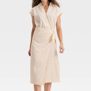 Nwt Universal Thread Cream Stripe Faux Wrap Midi Dress